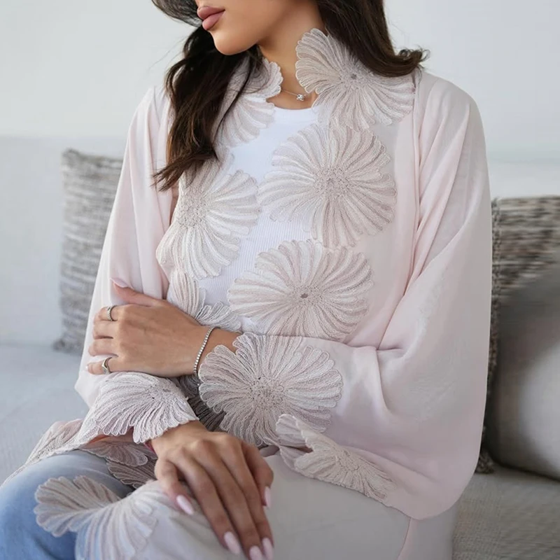 

Autumn Muslim Loose Robe Jacket 2025 Office Temperament Party Outerwear Clothing Fashion Flower Splicing Solid Women's Cardigan