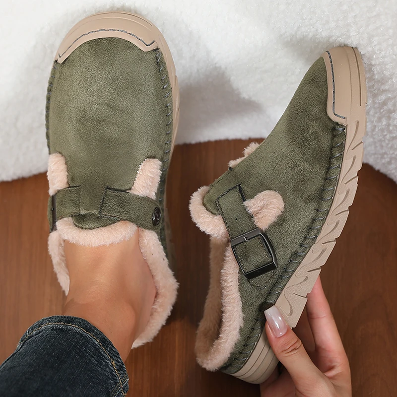 Damenmode Baotou-Slipper Winter Neu Rundkopf Tiefer Schnitt Schnallenverschluss Weiche Sohle Rutschfest Verschleißfest Flache Schuhe – Detail 2