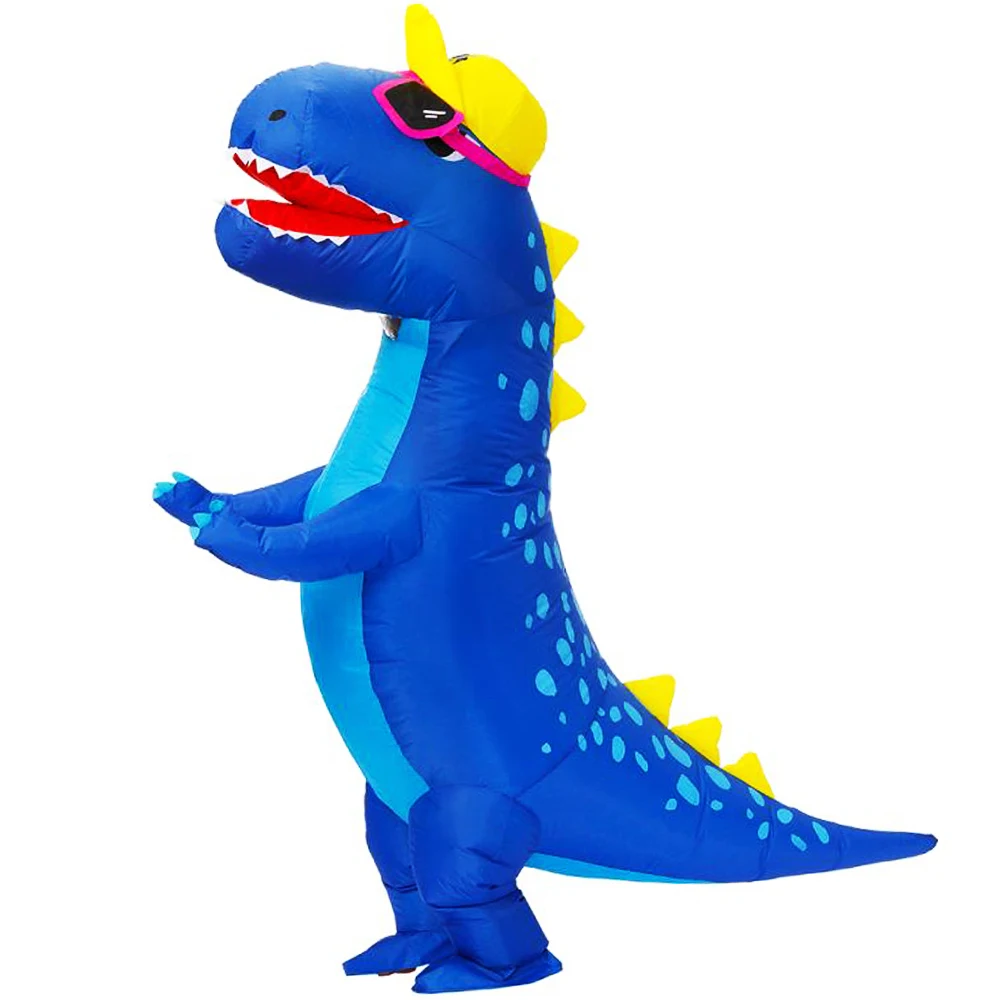 Disfraz de dinosaurio inflable t-rex azul para adultos, traje de Cosplay de dibujos animados de Anime, mascota divertida, fiesta de Halloween y