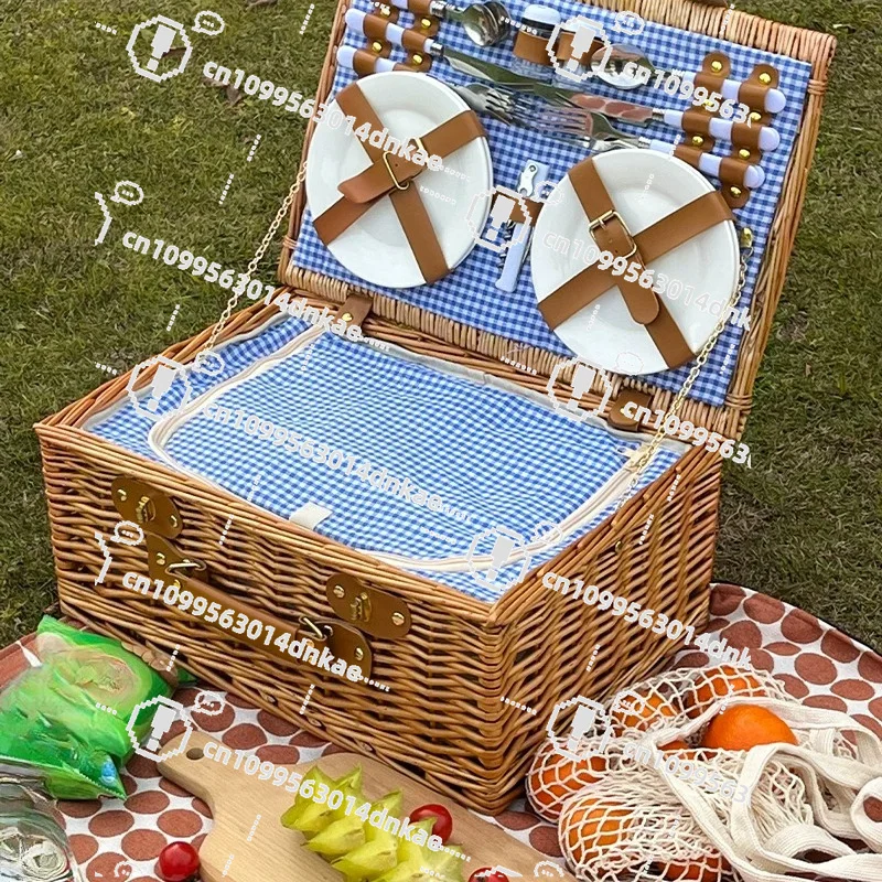 Willow Picnic Basket Outdoor Camping Hand Basket Rattan Large Capacity Covered Picnic Fruit Basket Spring Outing Vegetable