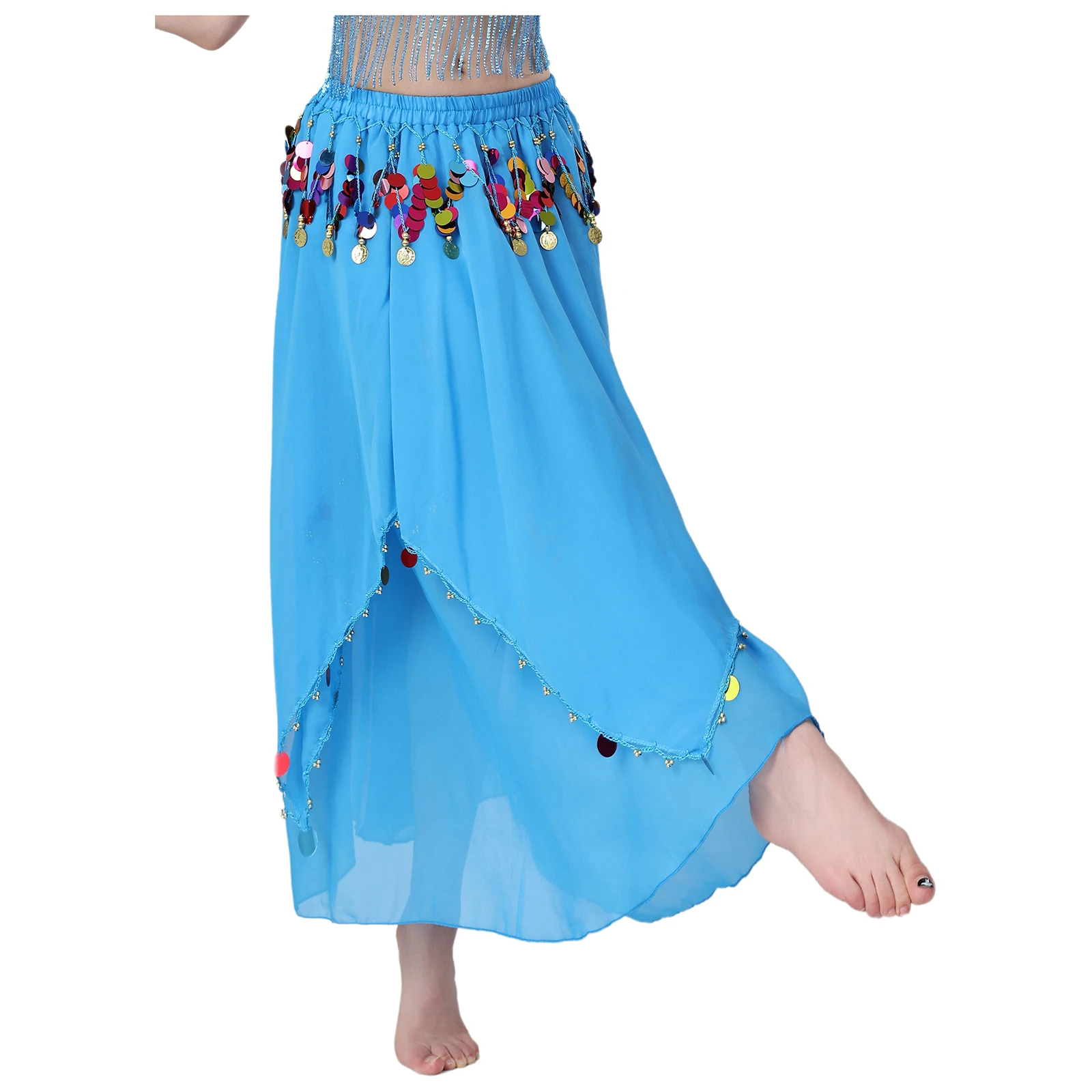 

Women Belly Dance Skirt Dancewear Glitter Sequin Tassel Chiffon Irregular Hem Elastic Waistband Skirt for India Dance Folk Dance