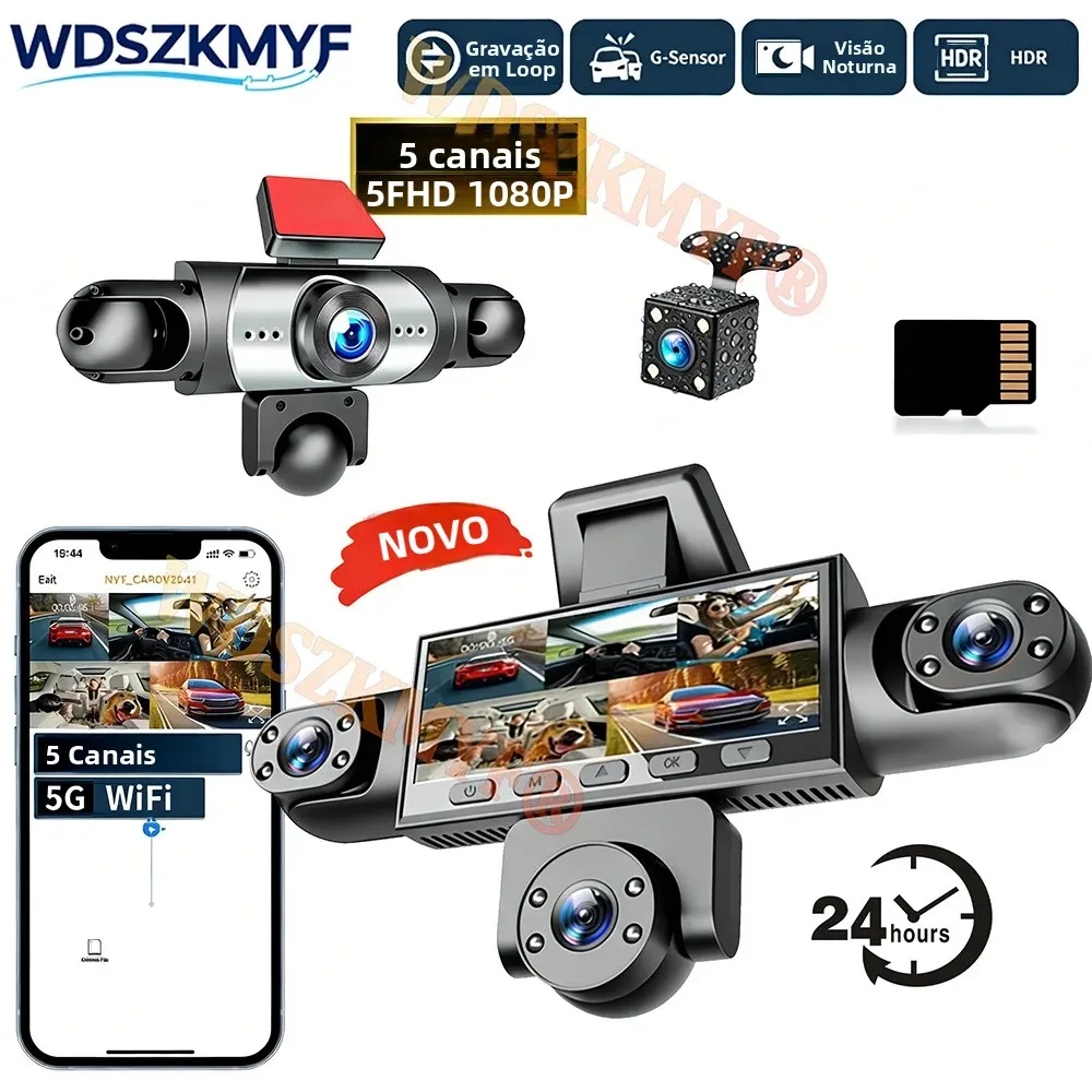 Câmera DVR Automotiva 4/5 Canais 360 Graus 1080P com WiFi e APP, Gravador de Vídeo, Monitoramento de Estacionamento 24h e Câmera de Ré