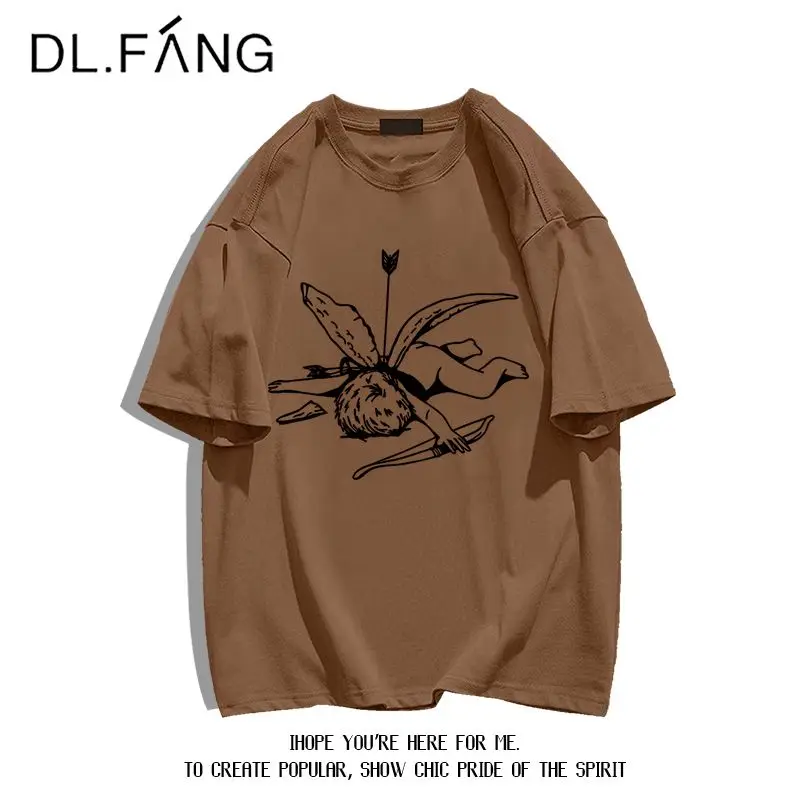 Women's Pure Cotton Fashion T-shirt Summer American Retro Cartoon Personalized Print Top Short Sleeved Lady Basic Round Neck Tee