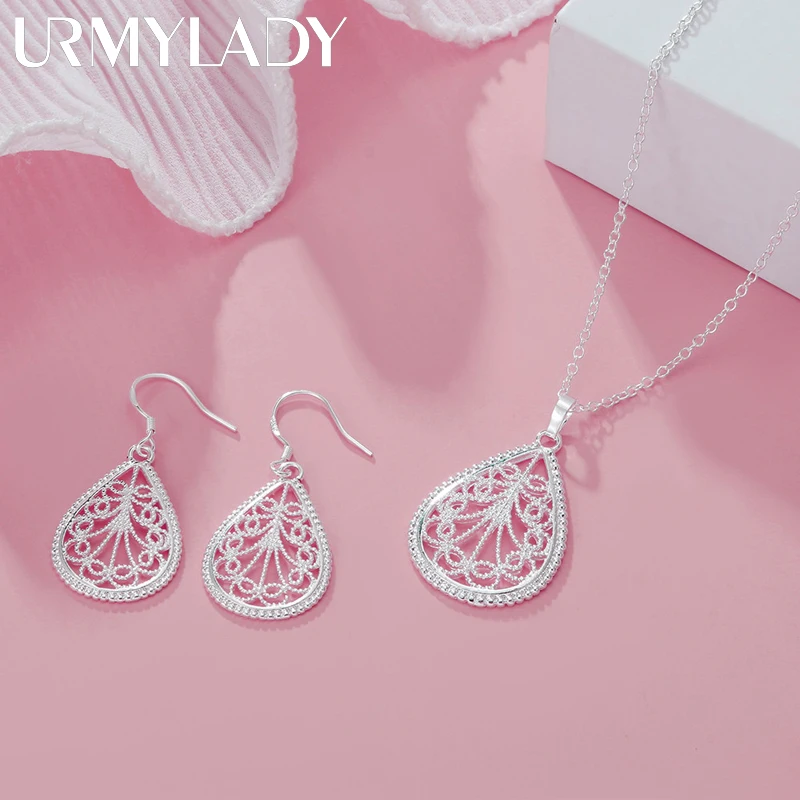 Fine 925 sterling Silver elegant water drop pattern Pendant Necklace earring For Women luxury fashion party wedding Jewelry sets