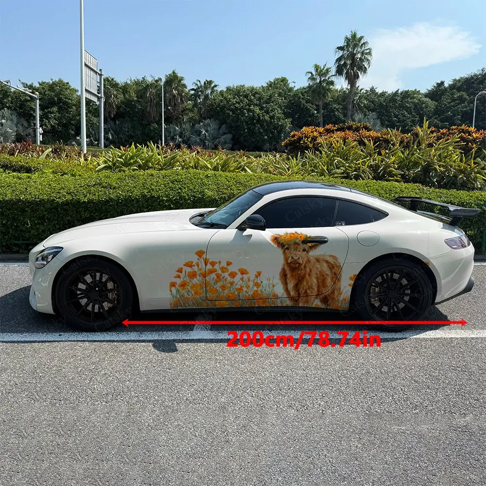 2pcs Highland Cattle Sticker Car Decal Full Body Floral Decoration Covering Scratches Protect Car Decal