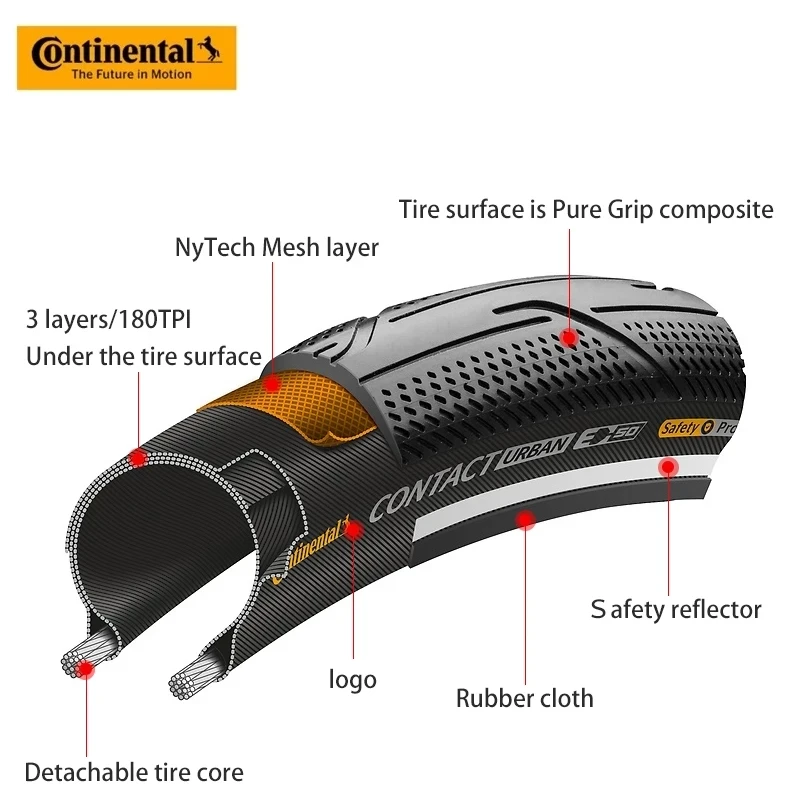 Continental Contact 도시 찌르기 방지 스틸 와이어 타이어, 반사 스트립 포함, BMX 접이식 자전거용, 16 인치, 20 인치, 3, 180Tpi