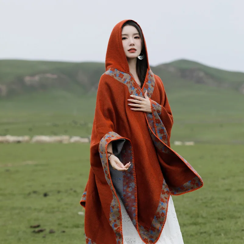 

New Winter Ethnic Hooded Cape Shawl: Prairie Style Poncho & Scarf for Women.