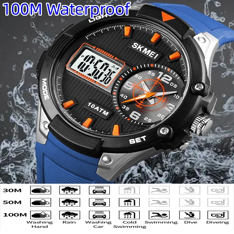 Skmei 100m Waterproof Men\'s Sport\'s Watch 3 Time Led Chronograph Digital Military Wirstwatch Relogio Masculino