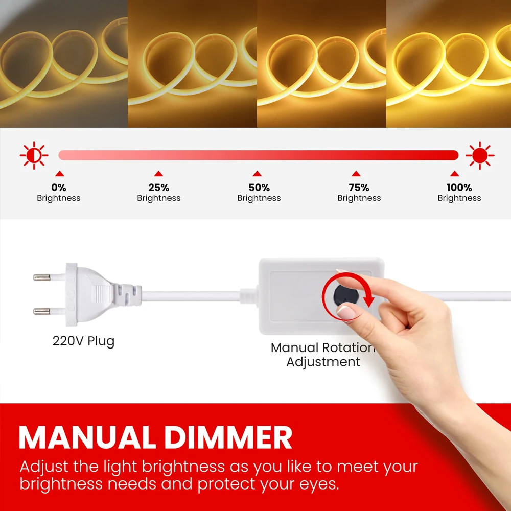 AC 220V COB Dimming LED Strip Lights with Knob Dimmer Switch Tape Lamp EU Plug Adjust Bright Flexible Linear Lighting Outdoor