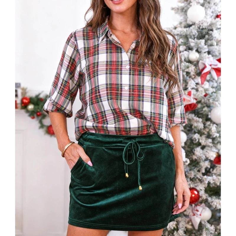 Damska świąteczna aksamitna mini spódniczka Combhasaki, elastyczna, ze sznurkiem, z wysokim stanem, obcisła, idealna na imprezy świąteczne i wyjścia, krótka spódnica ołówkowa.