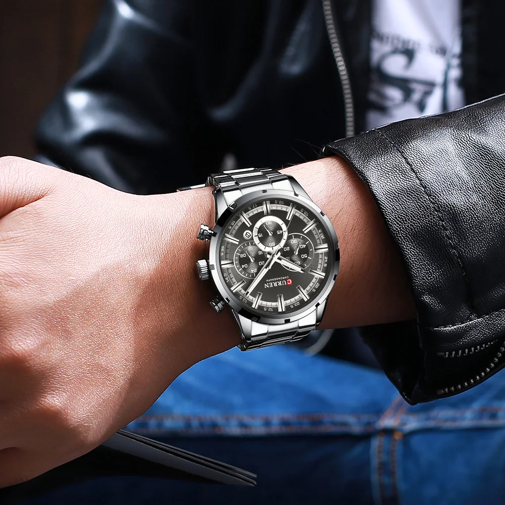 CURREN Men's Chronogaph Watch with Stianless Steel Band Fashion Sports Quartz Wristwatch for Men Auto Date