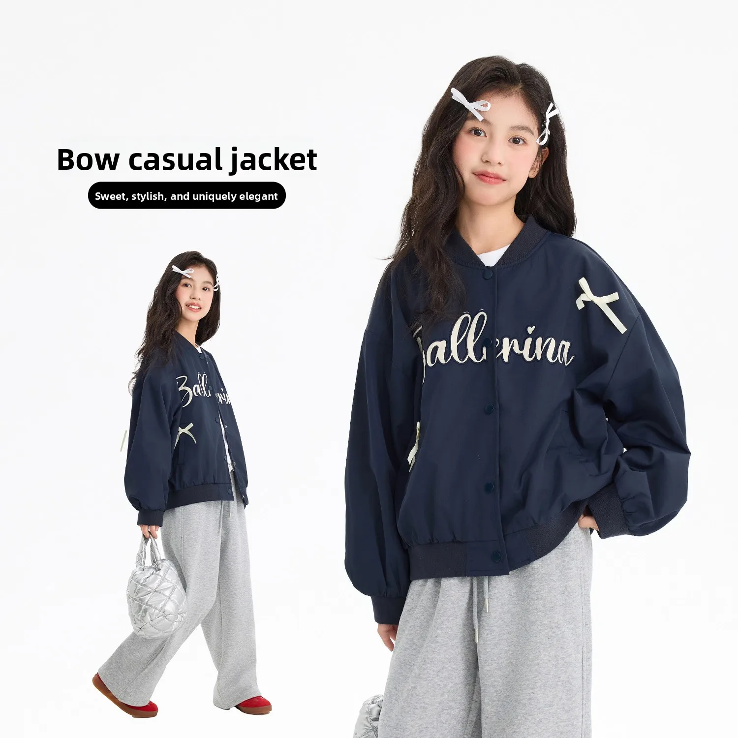 

Girls Bow Jacket 2025 Autumn New Children's Casual Letter Loose Jacket Top