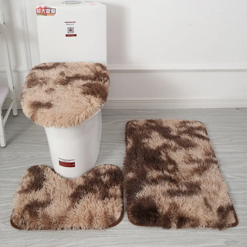 Elegant Hand-dyed Long Pile Rug Toilet Three-piece Set Anti-slip Foot Pad Bathroom Water-absorbing Package