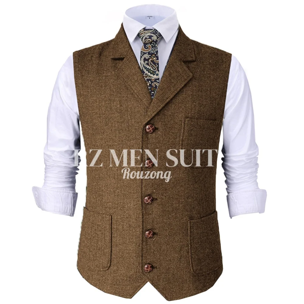 

Mens Retro Suit Vest Tweed Wool Regular Fit Dress Waistcoat Herringbone for Jacket жилетка мужская