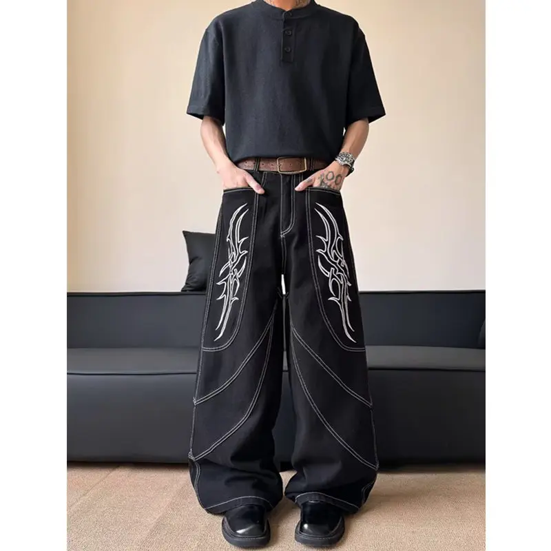 

Черные женские джинсы в стиле хип-хоп с высокой талией, модная уличная одежда, повседневные винтажные мешковатые прямые джинсовые брюки 2024, широкие брюки