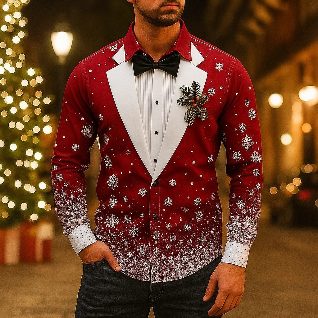 Men's Christmas Snowflake Formal Shirts 3D Printed Tie Design Elegant Tuxedo Style,Holiday Party Wedding Attire,Spring Fall Wear