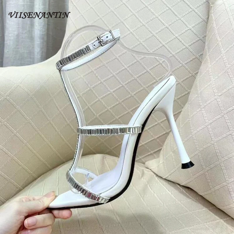 

Women Runway Summer Sexy Thin Heel Sandal Shoes Real Silk Genuine Leather Rhinestone Narrow Band Pointy Toe T-show Shoe New