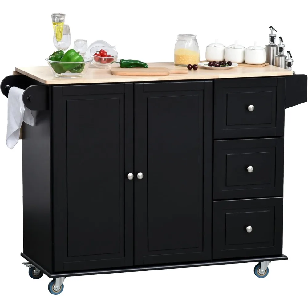   جزيرة المطبخ المتدحرجة مع أوراق قطرة، وعربة تخزين، ورف توابل ومنشفة، و3 أدراج، وبابين، باللون الأسود