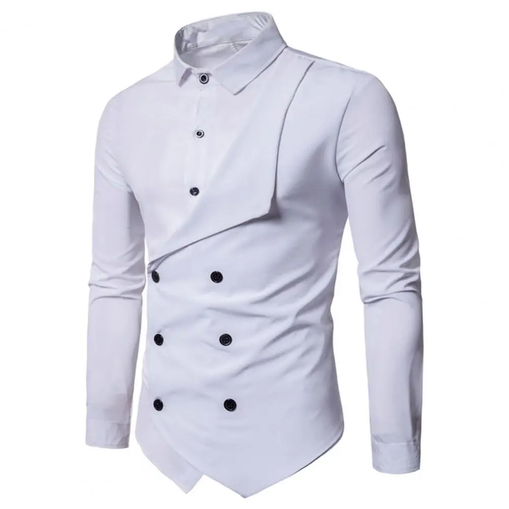 Men Work Clothes Stylish Men's Double Breasted Chef Shirt Slim Fit Lapel Design Autumn Fake Two Pieces Shirt Men Work Shirts