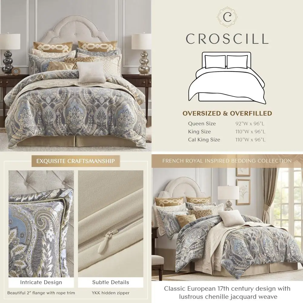 

Luxury Blue Grey Chenille Paisley Damask Oversized Comforter Set with Shams and Bedskirt, All Season Oeko-TEX Certified King