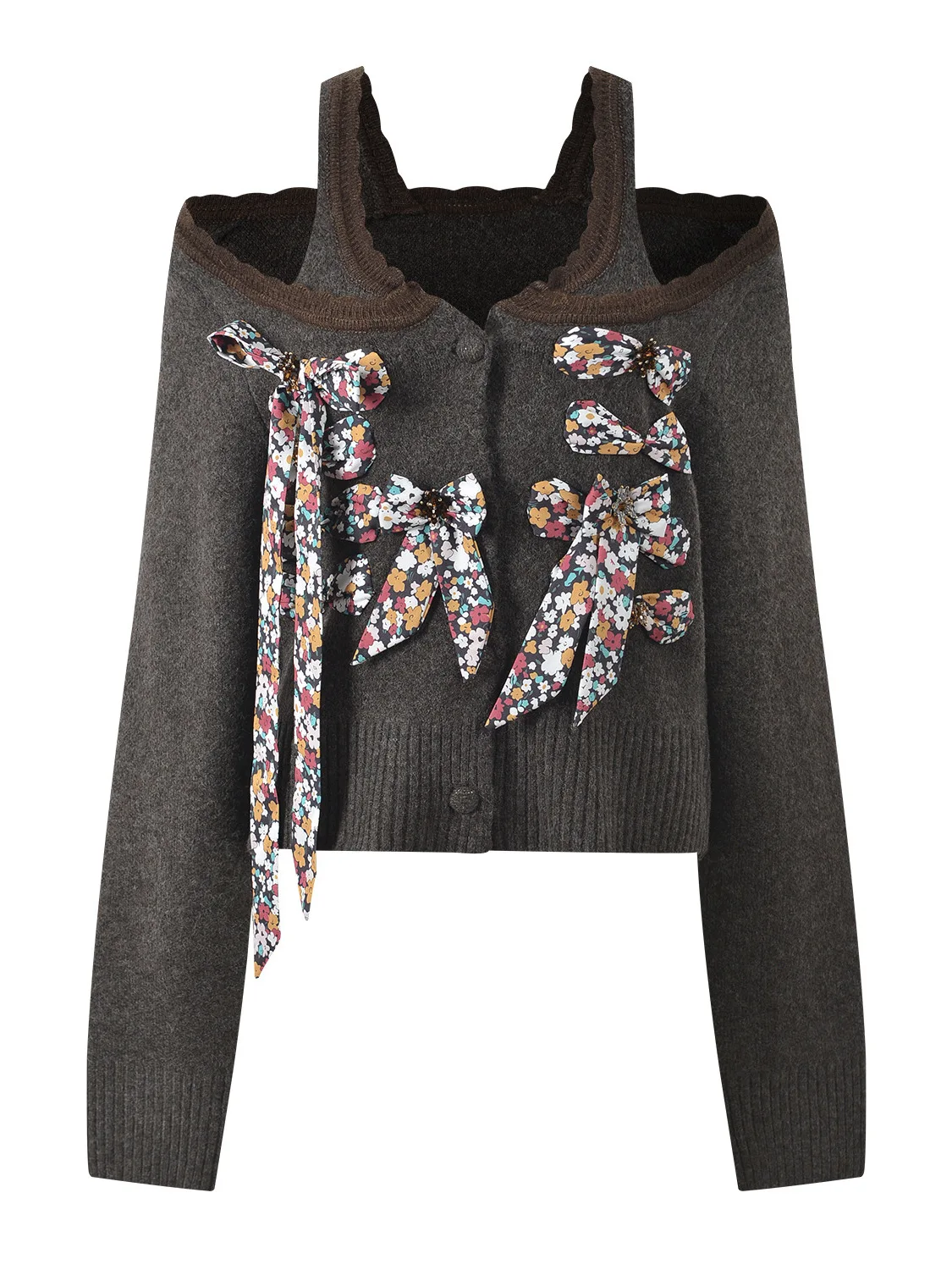 

Retro Sle Knitted Cardigan with Bow Tie Coffee Color Print Top Women's Faion Autumn Winter New Arrival Fake Two-Piece