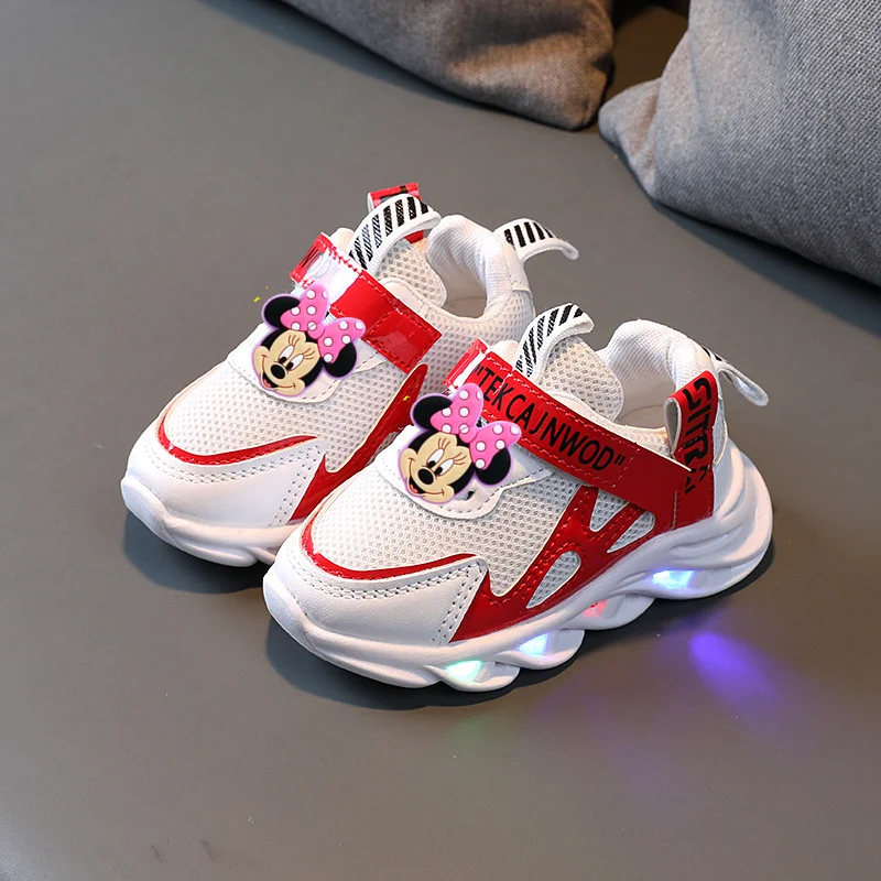 

Новая детская повседневная обувь с Микки Маусом Disney, дышащая легкая повседневная спортивная обувь с лентой, сетчатая обувь со светодиодной подсветкой и Минни Маус