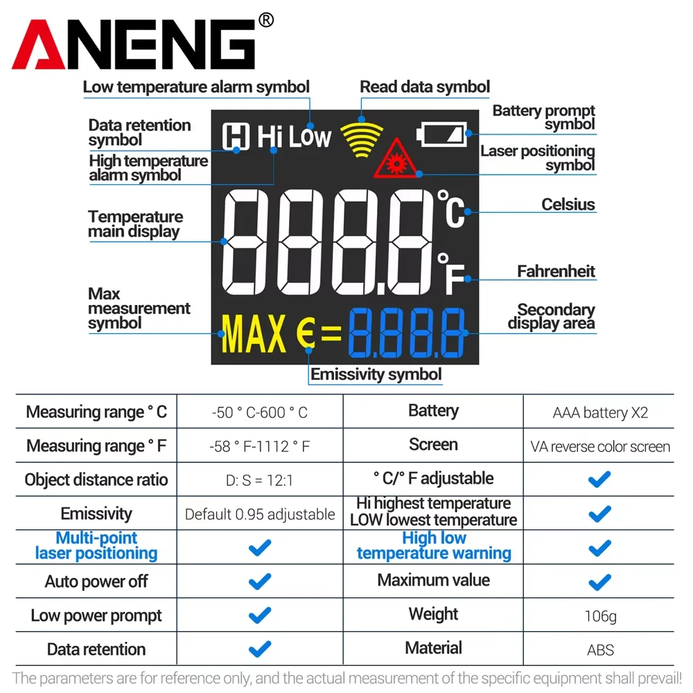 ANENG TH202/TH203 Infrared Thermometer -50~600℃ Industrial Grade Smart Temperature Gun VA Reverse Color Screen Pyrometer Tester