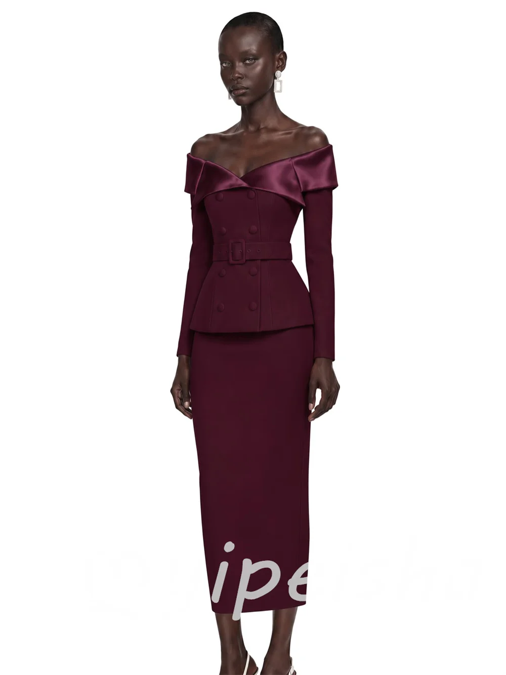Women's Fashion Gentle Evening Dresses Burgundy Button Sash Straight Off-the-shoulder  Ankle Length for Banquet Customized