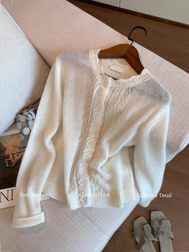 

Women Autumn Single-Breasted Lace Hollow Out Knitted Cardigan Lady Soft Tops Long Sleeve Mohair Knitwear Sweater F99