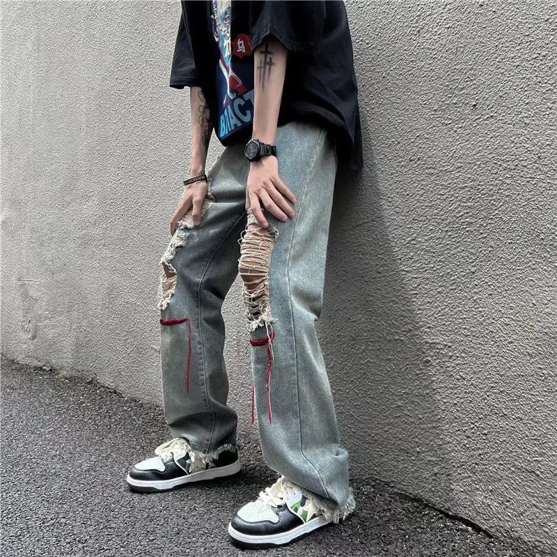 

Trousers Straight Torn Man Cowboy Pants Broken Ripped Men's Jeans With Holes Hip Hop 90s Streetwear Retro Loose Y2k Vintage Soft