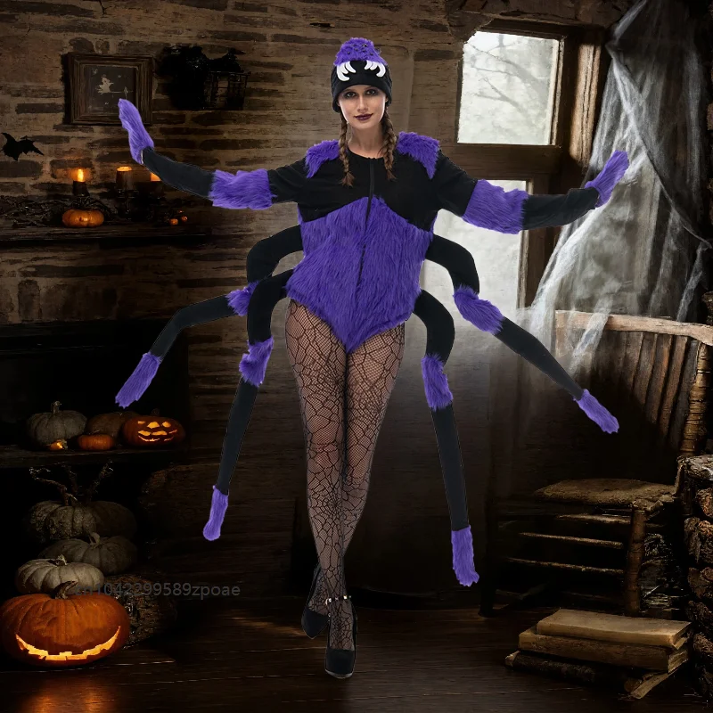 Halloween Lila Knoten-Fußspinne Insekten-Horrorkostüm Flauschiger Tier-Reißverschluss-Bodysuit Bar-Party Bühnenauftritt Cosplay-Requisite