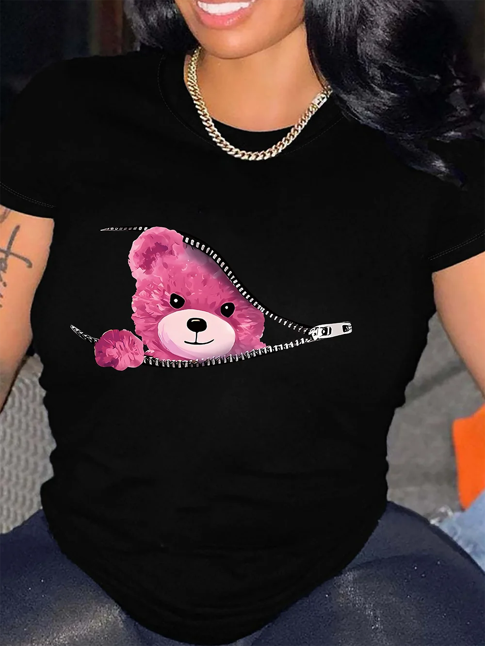 Teddy Bear Graphic Printed Women's T-shirt Summer Short Sleeve Crew Neck Casual Female Top for Summer Women's Clothing