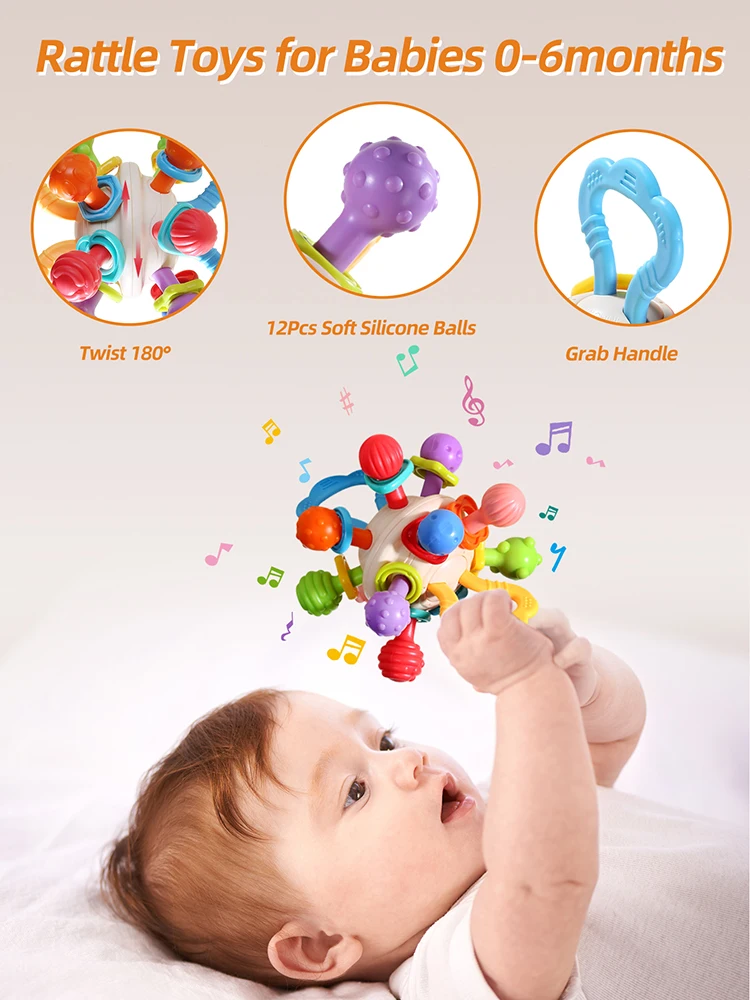 Baby Manhattan Ball Spielzeug Montessori Beißring Rassel für 0-18 Monate Neugeborene Beruhigungsspielzeug Oster- und Ramadan-Geschenk für Jungen und Mädchen