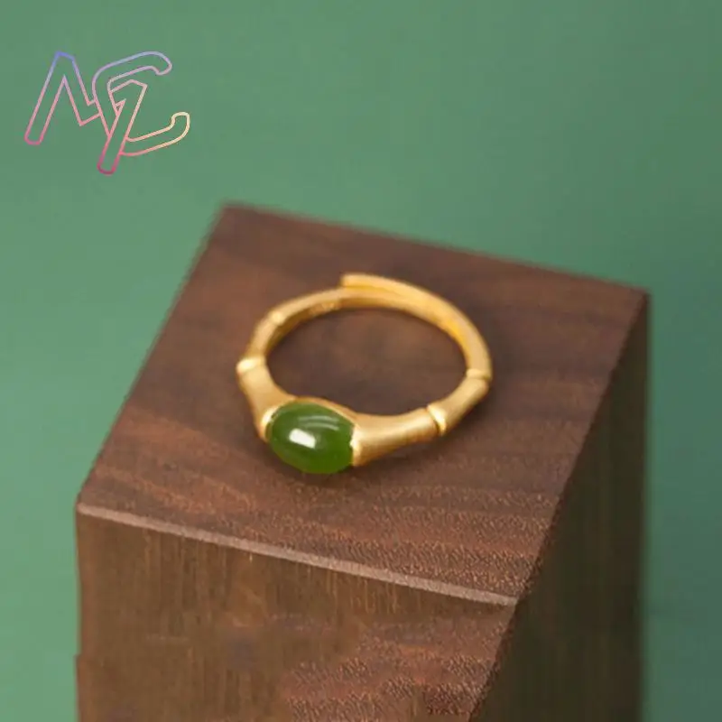 Green Natural Jade Bamboo Rings Stone Carved Gemstone Vintage Charm Lucky Talismans Adjustable Ring Real Jewelry view 4