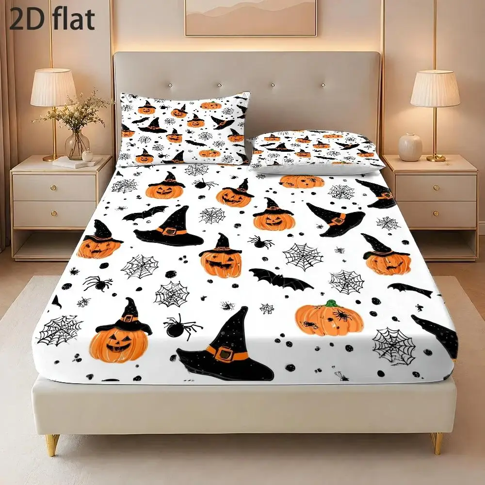 Protector de colchón con diseño de calabaza de Halloween y funda de almohada, 1 sábana ajustable + 2 fundas de almohada (sin relleno), impresión plana 2D, protector de colchón, funda de colchón, funda de sábana ajustable elástica, tamaño King/Twin/Queen, decoración para dormitorio principal y habitación de invitados, a prueba de polvo y resistente a las manchas, alta elasticidad, se adapta a varios tamaños