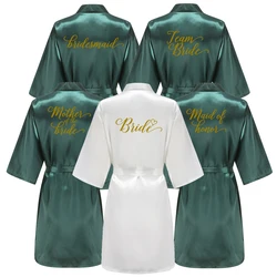 Green Wedding Party Team Bride Robe With Gold Letters Mother Maid of Honor Kimono Satin Pajamas Bridesmaid Bathrobe