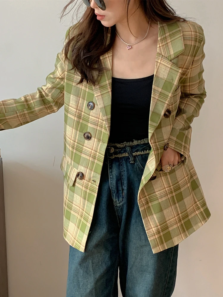 Colorfaith JK6100 New 2023 Women\'s Blazers Oversized Plaid Buttons Pockets Jackets Notched Vintage Checkered Spring AutumnTops