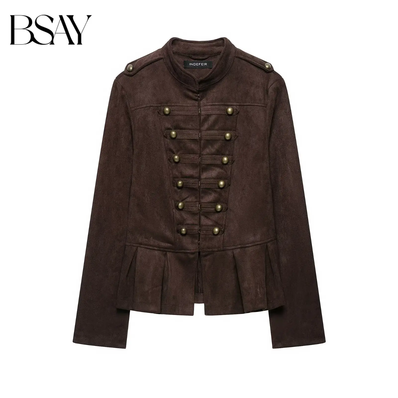 BSAY Vintage Military Faux Suede Women Jacket Stand Collar Metal Buttons Pleated Peplum Skirt Like Cropped Long Sleeve Outerwear