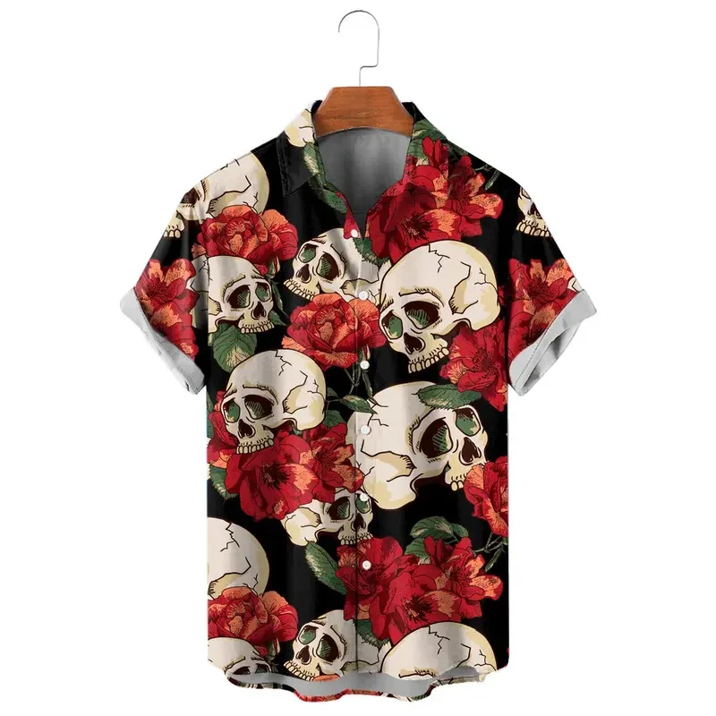 Fashion Skull Floral MEN'S Shirts Funny Skull 3D Print Streetwear Short Sleeve Tees Hawaiian Shirt Print Lapel Shirts For Men