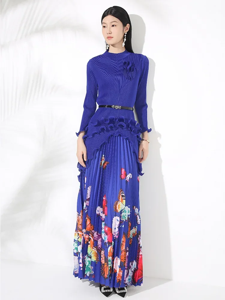 Miyake pleated premium round neck irregular pullover top set women's butterfly print floor mopping long skirt two-piece set