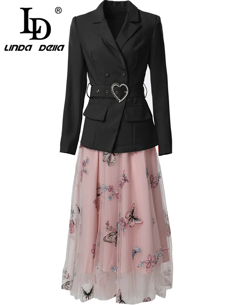 LD LINDA DELLA Autumn and Winter Women's Suit Long-sleeve Double Breasted Notched Tops+Fashion Embroidery Skirt 2 piece set