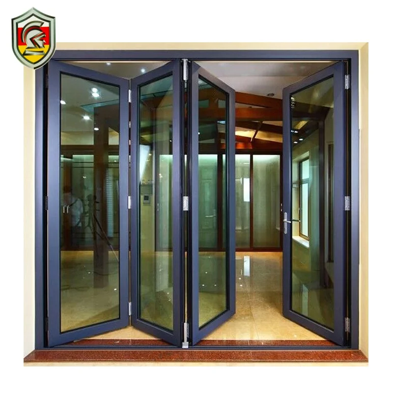 Puerta plegable de vidrio de aluminio para exteriores, puerta plegable de doble acristalamiento, precio barato