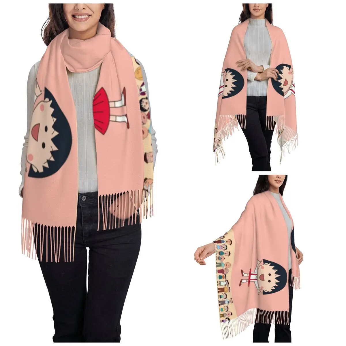 Chibi Maruko Chan Anime Shawl Wrap for Ladies Winter Warm Large Long Scarf Cute Girl cartoon Neckerchief Shawl Scarves