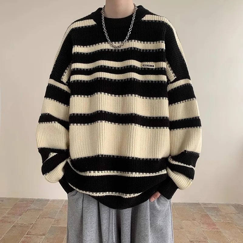 

Мужской вязаный свитер свободного кроя большого размера (до 250 фунтов), осенне-зимний, в полоску, базовый слой, повседневный, удобный, молодежный, стильный