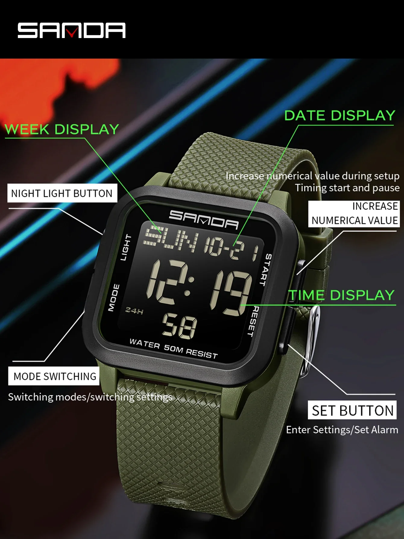 SANDA Waterproof Casual LED Digital Watch Mens Multifunctional Timing Electronic Clock Calendar Alarm Military Square Watch 2194 view 4