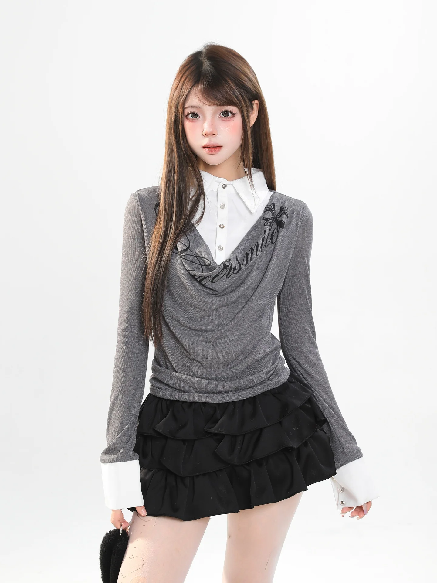 Casual Style Long Sleeve T-Shirt Women's Spring Design Slim Fit Sweet And Spicy Girl Top College Style Fake Two-Piece Turn-do...