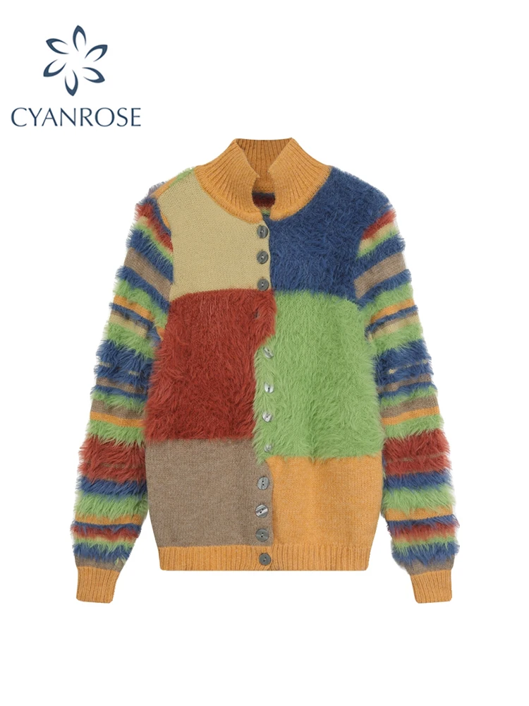 

Women's Patchwork Striped Mohair Cardigan Knitted Sweater Vintage Harajuku Y2k 90s Aesthetic Long Sleeve Sweaters 2000s Clothes