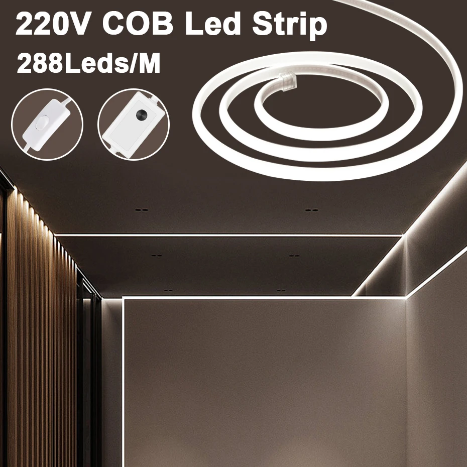 

High Bright 220V COB LED Strip Light Waterproof Led Tape Strips 3000K/4500K/6000K Flexible Ribbon For Home Lighting Decoration