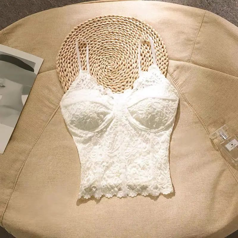 French Lace Camisole With Built - In Cups for Women Chic Slim Fitted Spaghetti Strap Tank Top for Layering Or Outerwear