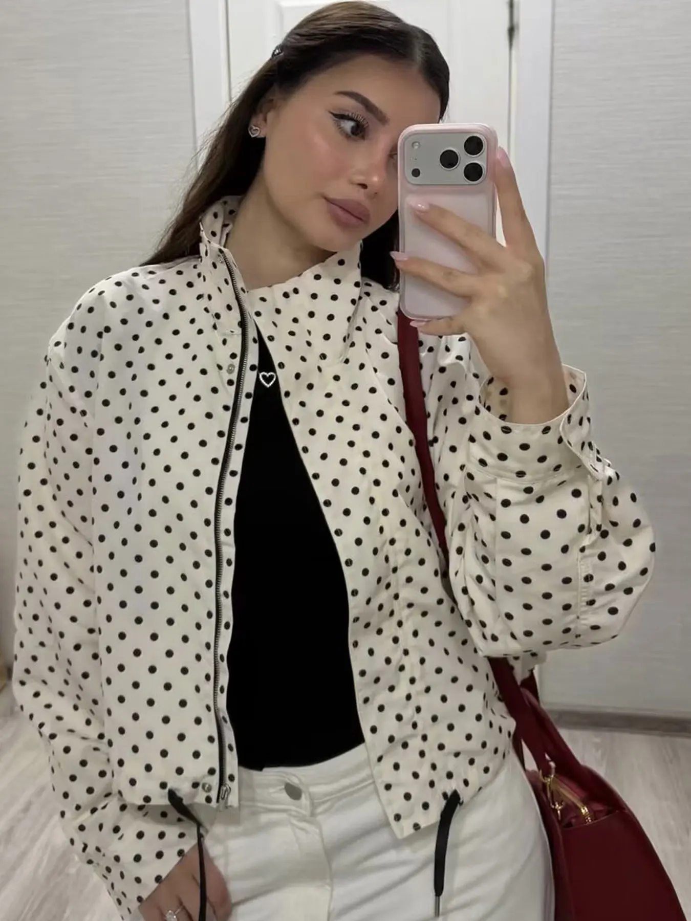 HH Women Elegant Fashion Polka Dot Zipper Jacket Long Sleeve High Neck Drawstring Coat Autumn Female Trend Street Casual Outwear